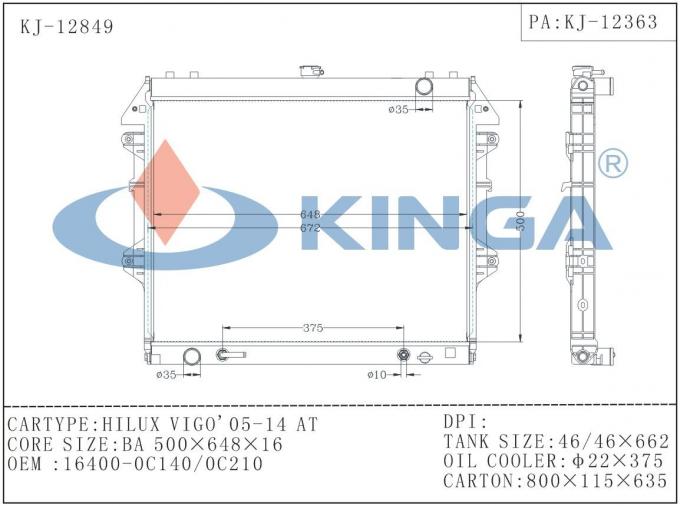 Aluminum Material TOYOTA HILUX VIGO Radiator OEM 16400-OC140/OC210