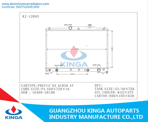 Previa 2003 ACR30 AT Automobile Toyota Radiator PA 16 OEM 16400-28100 supplier