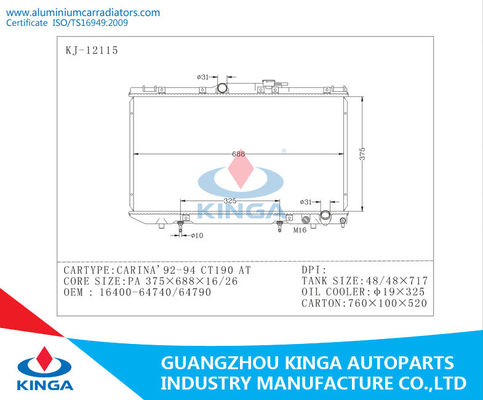 1992 Aluminium Toyota Radiator  for CARINAE CT190 OEM 16400 - 64740 / 64790 AT supplier