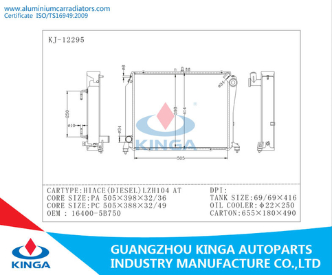 Aluminium Toyota Radiator HIACE(DIESEL)LZH104 OEM 16400-5B750 PA26 / AT supplier