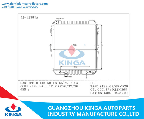 1997 - 1999 Aluminum Toyota Radiator HILUX KB-LN165 PA26 / AT Sliver supplier