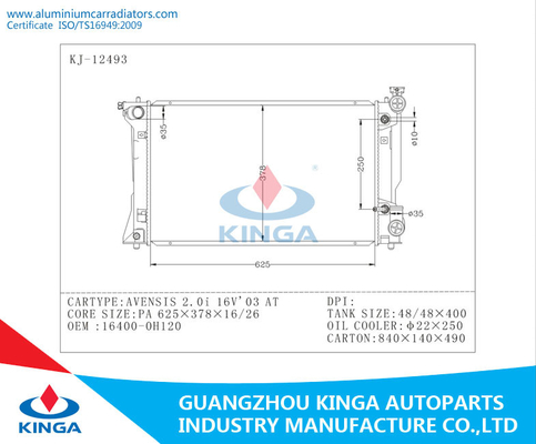 2003 Toyota Radiator for AVENSSIS 2.0I 16V OEM 16400-0H120 PA16 / 26 AT supplier