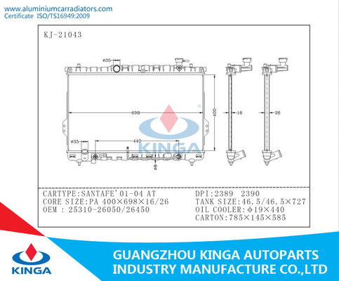 Car Radiator For Hyundai SANTAFE 2001 2004 AT OEM 25310-26050 / 25310-26450 supplier