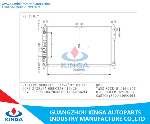 Natural Aluminum Water Cool Auto Radiator For Daewoo Nubria / Leganza Oem 96351103 supplier