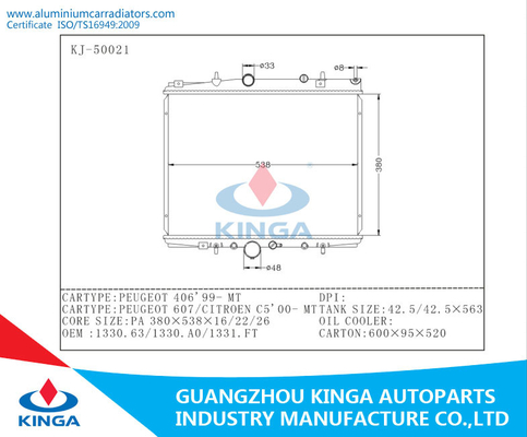 MT Engine Cooling Aluminium Car Radiator for PEUGEOT 406'99 OEM 1330.63 / 1331.FT supplier