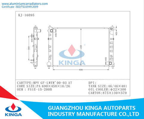 OEM ISO Aluminum Mazda Radiator  AT Tank Size 46 /46*481mm MPV GF-LWEW'00-03 supplier