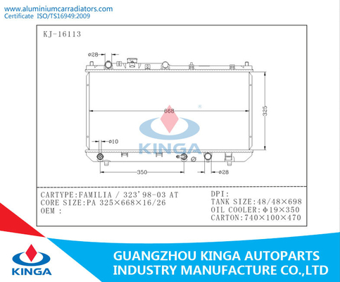 AT Plastic Tank Mazda Radiator Siliver Color Core Size PA 325*668*16 / 26mm for FAMILIA/323'98-03 supplier