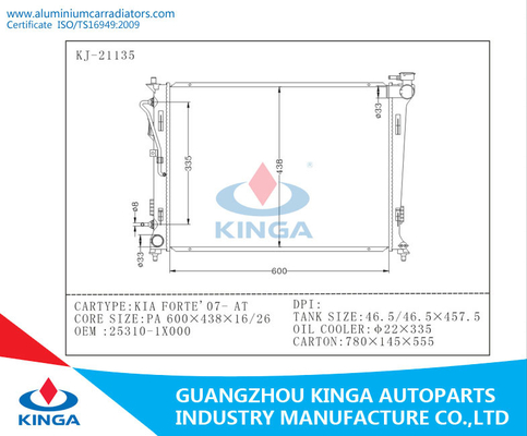 AT  Plastic Tank Aluminum Hyundai Radiator KIA FORTE'07 OEM 25310-1X000 supplier