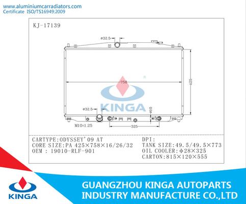 Original Car AT 2009 Honda Odyssey Radiator Replacement OEM 19010-RLF-901 supplier