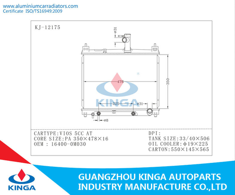 Aluminum Toyota Auto Radiator For VIOS 5CC OEM 16400 - 0M030 PA16 / AT supplier