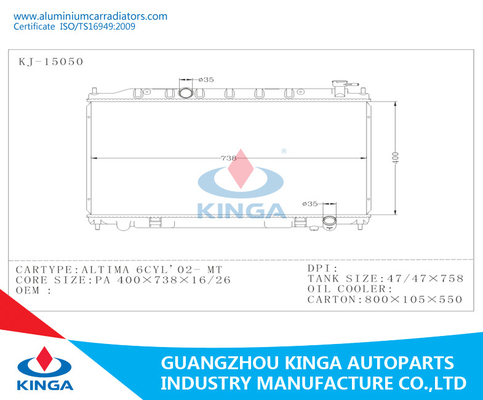 Aluminum Core Nissan Radiator  ALTIMA 6CYL 2002 MT  Thickness 16 / 26mm supplier