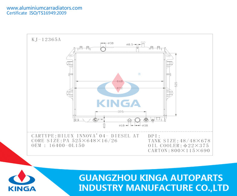 Toyota Camry Radiator Aluminum Radiator For INNOVA'04 DIESEL KUN40 AT supplier