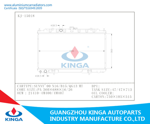 2000 Auto Nissan Radiator For Nissan Sunny N16 / B15 / QG13 Oem 21410 4M400 supplier