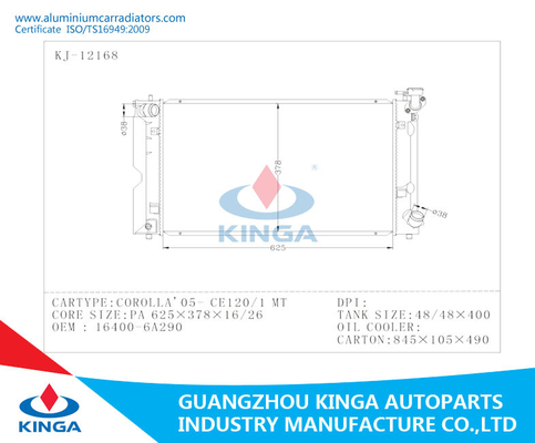 16400 - 6A290 Toyota Radiator Aluminum Car Radiator Corolla 2005 - CE120 / 1 MT supplier