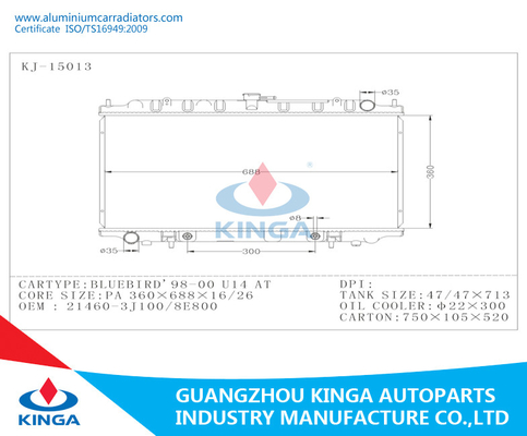 Auto Spare Parts Aluminum Nissan Radiator BLUEBIRD'98-00 U14 21460-3J100 / 8E800 AT supplier