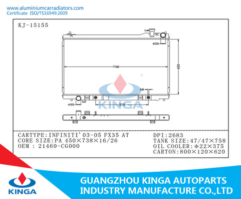 Aluminum Brazed Nissan Radiator For Infiniti 03 - 05 FX35 OEM 21460 - CG000 supplier