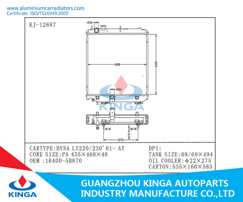 Car Spare Parts Cooling System Toyota Radiator Dyna LY220 / 230'01 - AT supplier