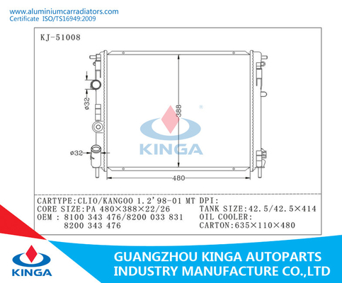 OEM Aluminium Car Radiators 8100 343 476 / 8200 033 831 / 8200 343 476 Renault supplier