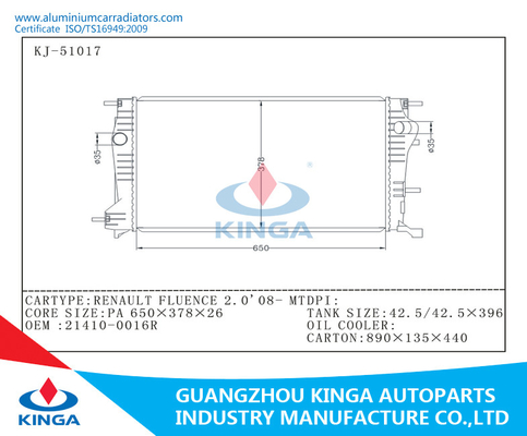 21410-0016R Aluminium Car Radiators RENAULT  FLUENCE 2.0 2008 - MT supplier