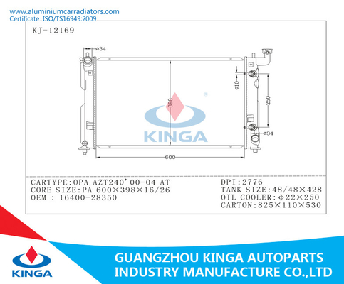 Super Custom Auto Radiator Toyota Radiator OPA AZT240 ' 00-04 16400-28350 AT supplier