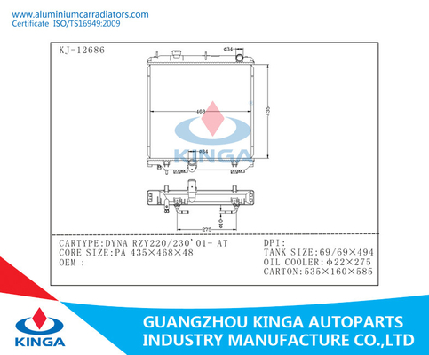 High Performance Aluminum Radiator For Dyna RZY220 / 230 Year 2001 Auto Transmission supplier