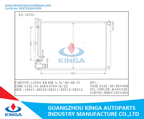 Lexus RX400 3.3L 05-08 AT Auto Radiator Toyota Aluminum Car Radiators supplier