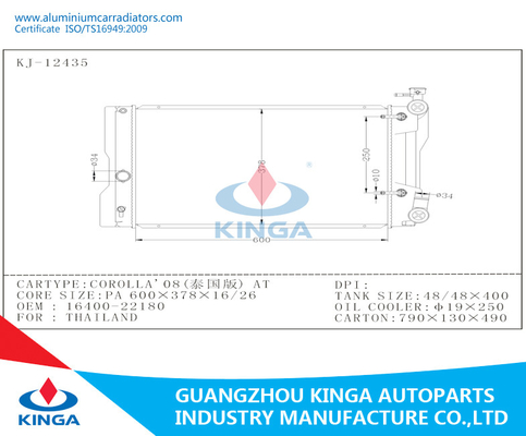 Engine Cooling System Toyota Radiator Corolla 08-16400-22180 AT supplier