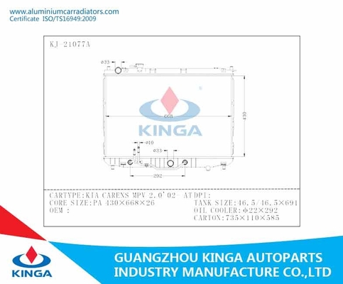 Auto Spare Parts Car Radiator Replacement KIA CARENS MPV 2.0'02 OK2FV-15-200A AT supplier