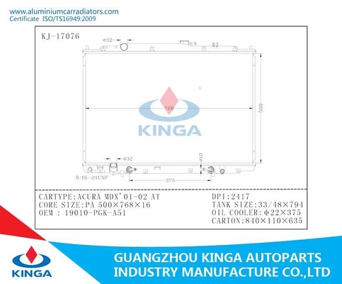 Nissan Acura MDX '01-02 AT Custom Aluminum Radiators PA16mm Heattransfer Extruded supplier