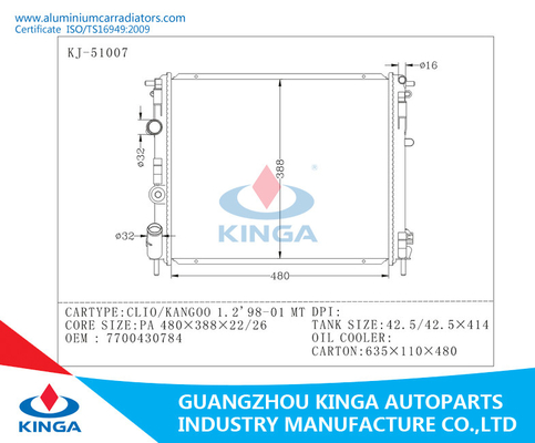 CLIO / KANGOO 1.2 98-01 MT RENAULT Aluminum Car Raidators OEM 7700430784 supplier