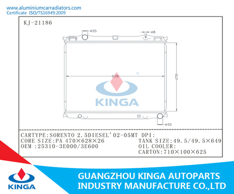 Aluminum Radiators SORENTO 3.5i V6'02-05 MT TS16949 Certification supplier
