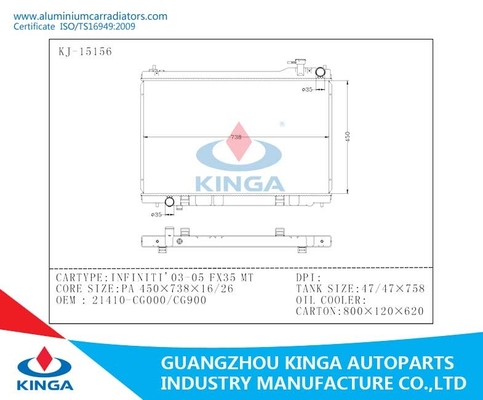 Aluminum Custom Car Radiator For NISSAN INFINITI ' 03-05 FX35 MT OEM 21410-CG000/CG900 supplier