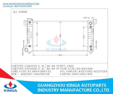 OEM 4682587 / 4682587AB Car Radiator For CARAVAN 2.4L 1996-2000 / VOYAGER 2.4L 1996-2000 supplier