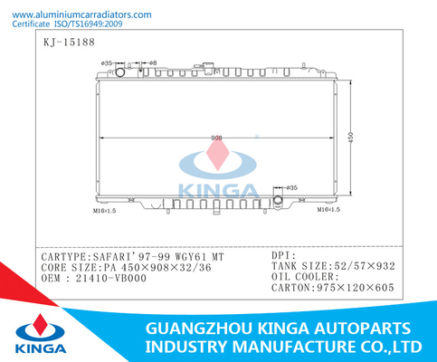 Cooling System Industry Aluminium Car Radiators For Nissan SAFARI'97-99 WGY61 MT 21410-VB000 supplier