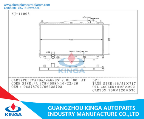 OEM 96278702 / 96328702 DAEWOO Aluminum Car Radiator For EVANDA / MAGNUS 2.0L 00 supplier