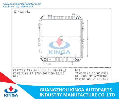 Auto Car Radiator For Toyota Vzn10#/11#/13#' 89-95 At Aluminum Core With Plastic Tanks supplier