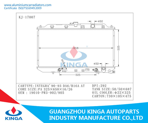 Auto Aluminum Honda Radiator Ingegra' 90-93 DA6/B16A At OE 19010-PR3-902/905 supplier