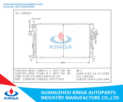 Auto Engine Parts Aluminium Car Radiators For  CORSA C 1.7DTi'00- &amp;  TIGRA B 1.3DTi'04- supplier