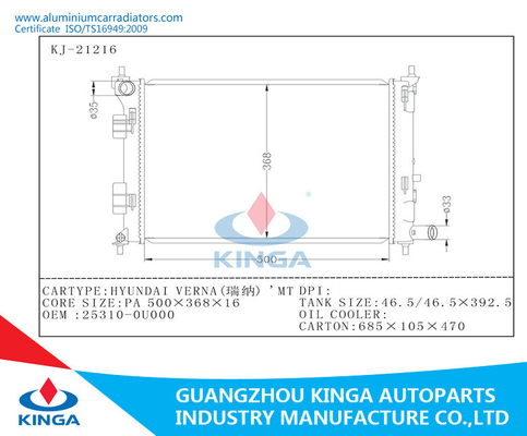 Aluminum Hyundai Radiator VERNA MT OEM 25310-0U000 Core Thickness 16mm With Heater Tank supplier