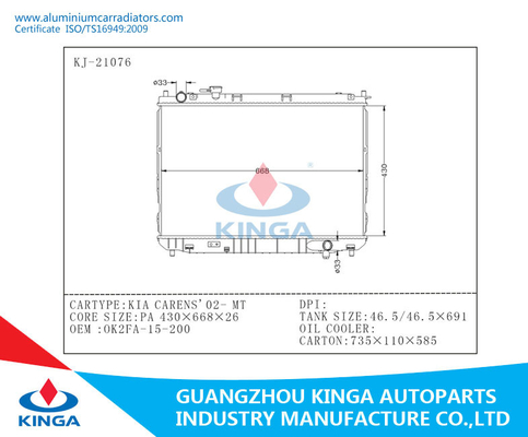 Kia Aluminium Car Radiators For Carens'02-Mt , OEM 0K2FA-15-200 automotive radiator supplier