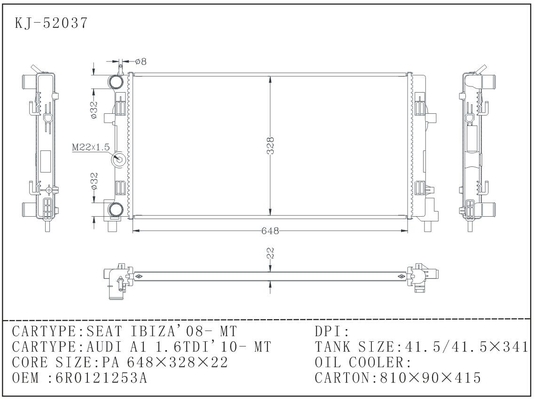 SEAT IBIZA'08-MT/AUDI A1 1.6TDI'10-MT Open Type Aluminum Car Radiators Plastic Tank supplier