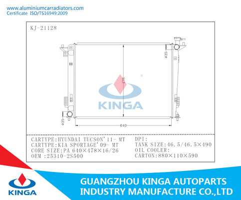 For HYUNDAI TUCSON 2011 / KIA SPORTAGE 2009 -MT 25310-2S550 Aluminum Car Radiators supplier