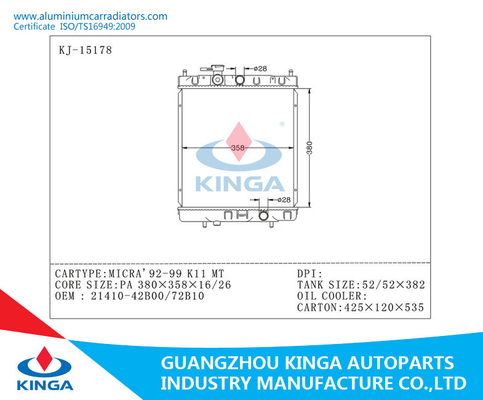 KJ-15178-PA16/26 Nissan Radiator for MICRA'92-99 K11 MT with OEM 21410-42B00/72B10 supplier