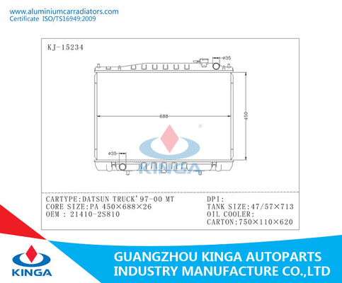 Car parts aluminum radiator for DATSUN TRUCK'97-00 OEM 21410-2S810 Auto Spare Parts supplier