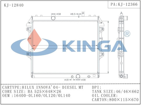 Hilux Innova 2004- Diesel Mt Toyota car Radiator OEM 16400-Ol160/Ol120/Ol140 supplier