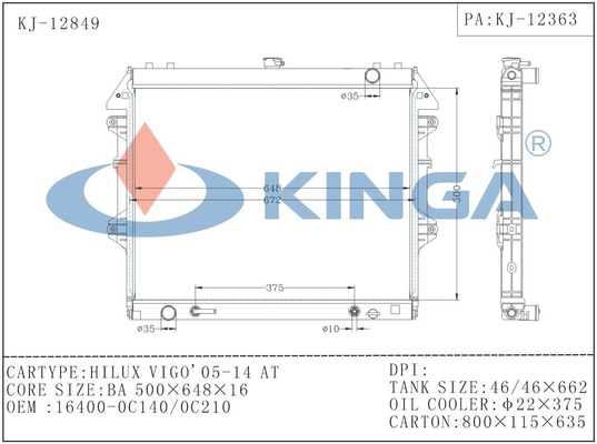 Aluminum Material TOYOTA HILUX VIGO Radiator OEM 16400-OC140/OC210 supplier