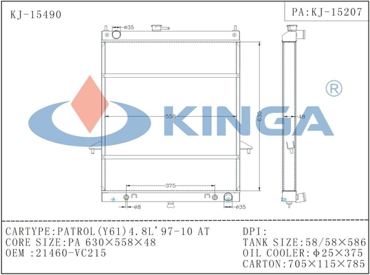 OEM 21460-VC215 Nissan Car Radiator For PATROL(Y61)4.8L'97-10 AT supplier