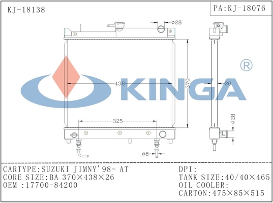 Aluminum Suzuki Car Radiator for Jimny'98-at with OEM 17700-84200 supplier