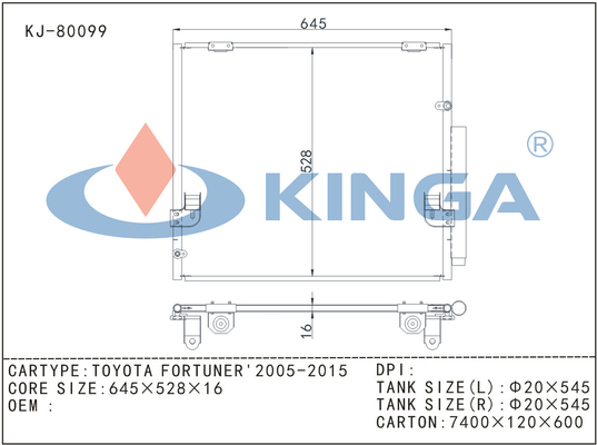 Toyota Air Conditioner Condenser For Fortuner 2005 - 2015 Core Size 645 * 528 * 16 supplier