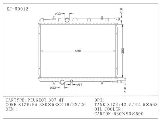Auto Radiator PEUGOT 307 Aluminium Car Radiator PA16 / 22 / 26 MT supplier